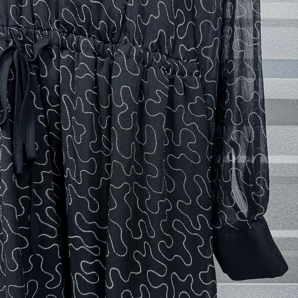 Club Monaco Black Abstract Print Chiffon Long Sleeve Drawstring Dress Size 6 - Picture 2 of 12